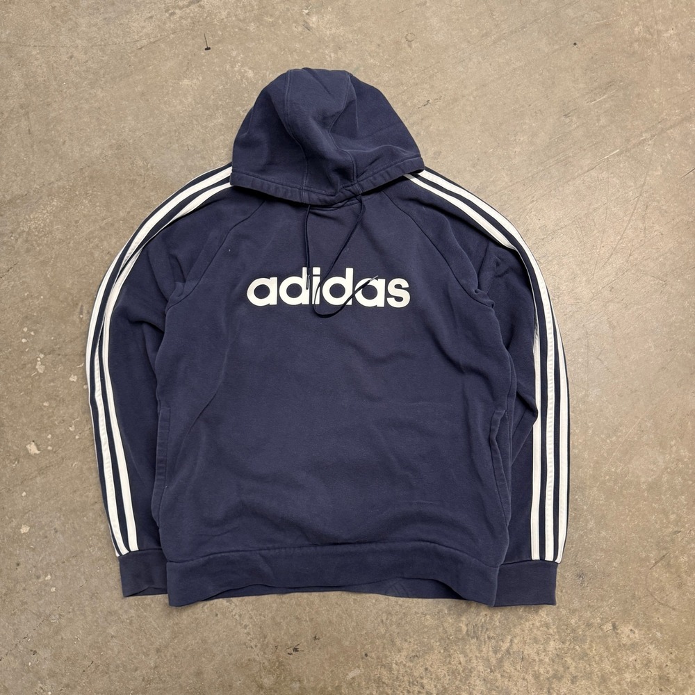 Adidas Mens Navy Blue 3-Stripe Pullover Hoodie Sweatshirt Size Medium 2665